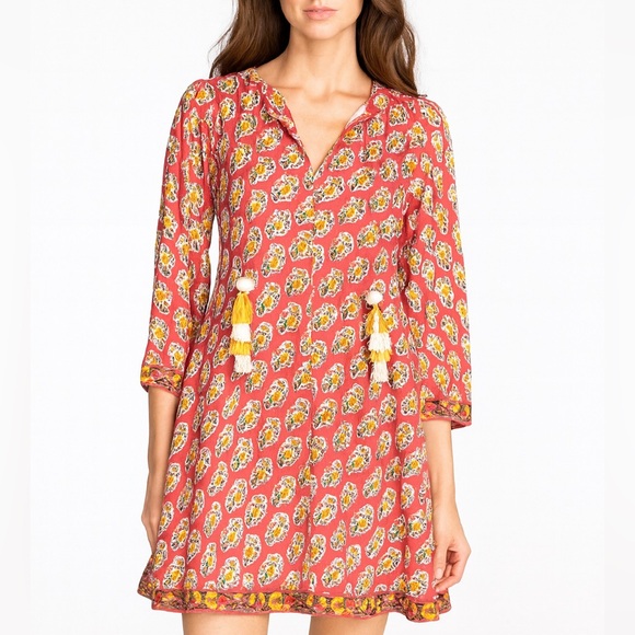 Mary Marshmallow Dresses & Skirts - Mary Marshmallow Floral Long Sleeve Boho Dress Size S Red Yellow Resort-Wear